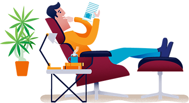 Man in armchair looking at results